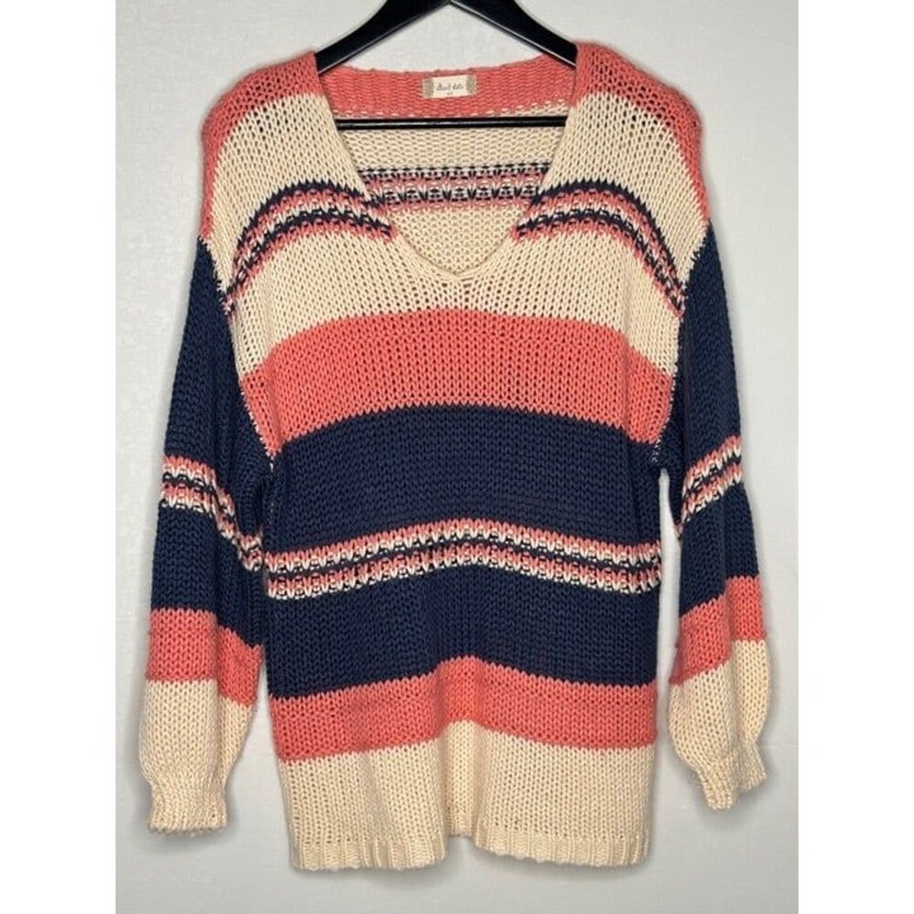 Altard State Striped Open Knit Sweater XS‎ Pink/Navy V-Neck Coastal Beach Resort